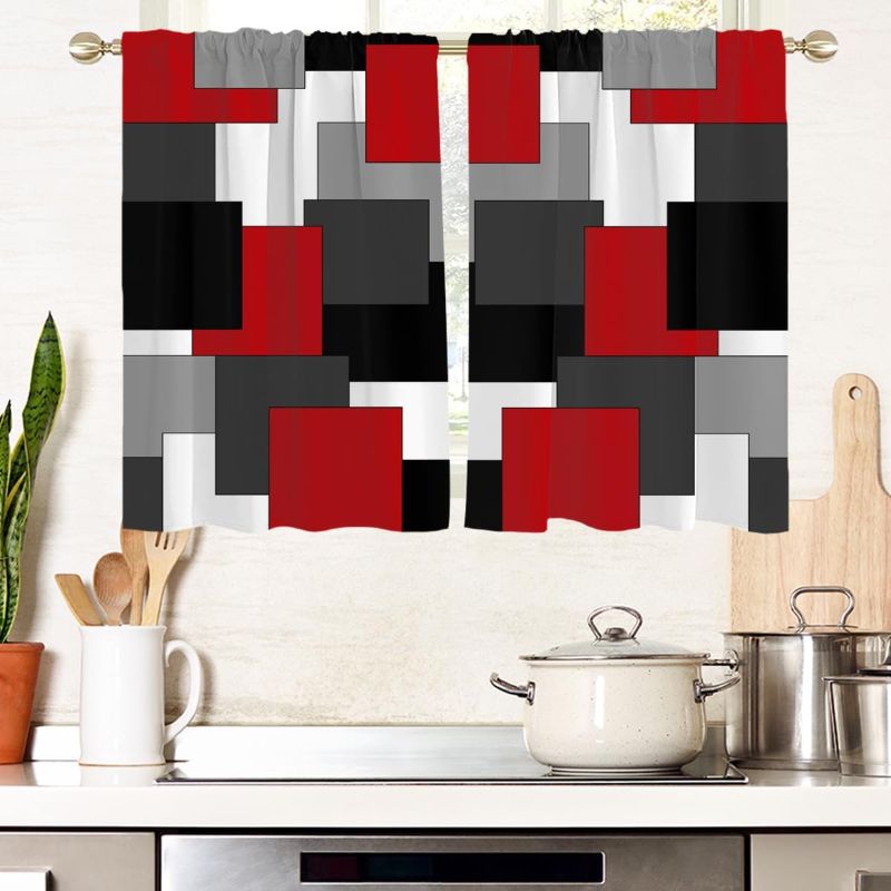 Photo 1 of 
Roll over image to zoom in





AAtter Red and Black Window Curtains for Kitchen White Grey Gray Abstract Geometric Square Small Short Home Living Room Bedroom Bathroom Drapes Treatment Tiers Fabric 1 Pair, 27.5" W x 39" L, Modern