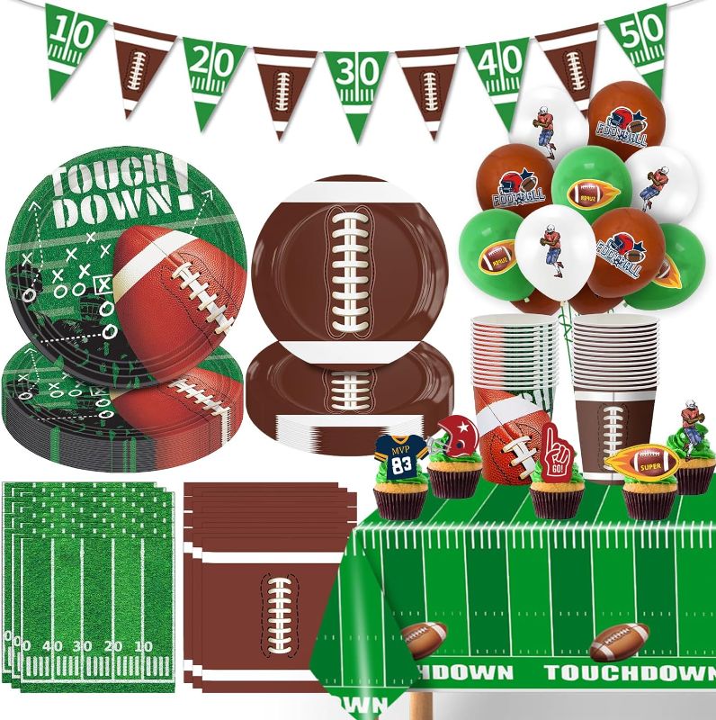 Photo 1 of 140PCS Football Party Supplies Tableware Set Serve 24, Football Birthday Party Decorations Includes Plates Napkins Cups Banner Balloons Cake ToppersTablecloth for Football Themed Party Supplies