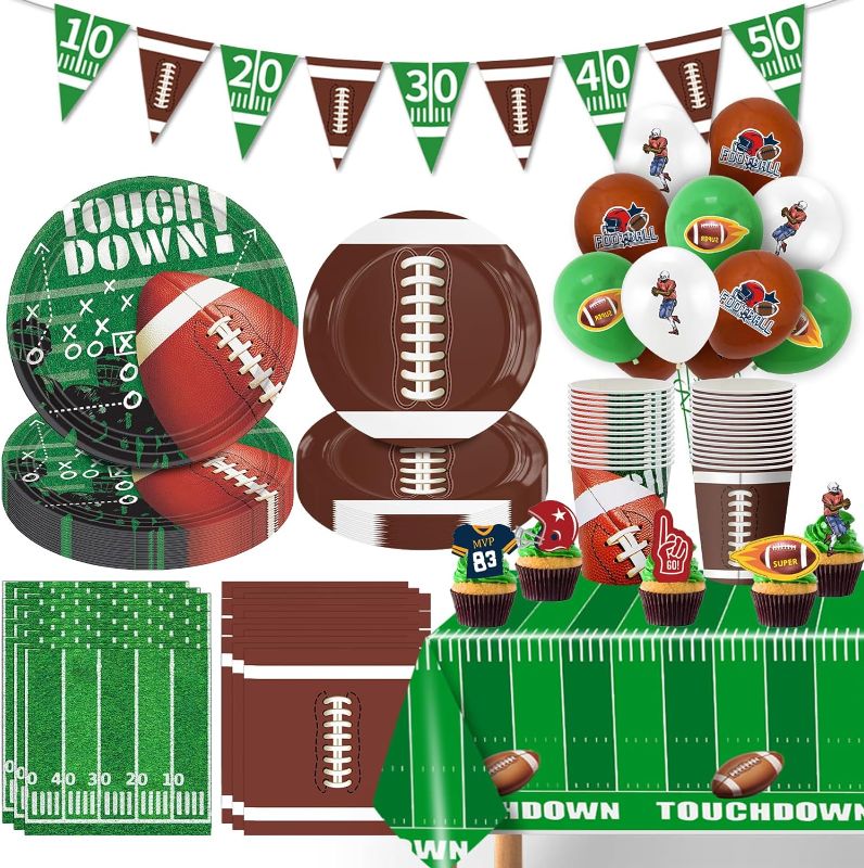 Photo 1 of Football Party Supplies Tableware Set Serve 24, Football Birthday Party Decorations Includes Plates Napkins Cups Banner Balloons Cake ToppersTablecloth for Football Themed Party Supplies
