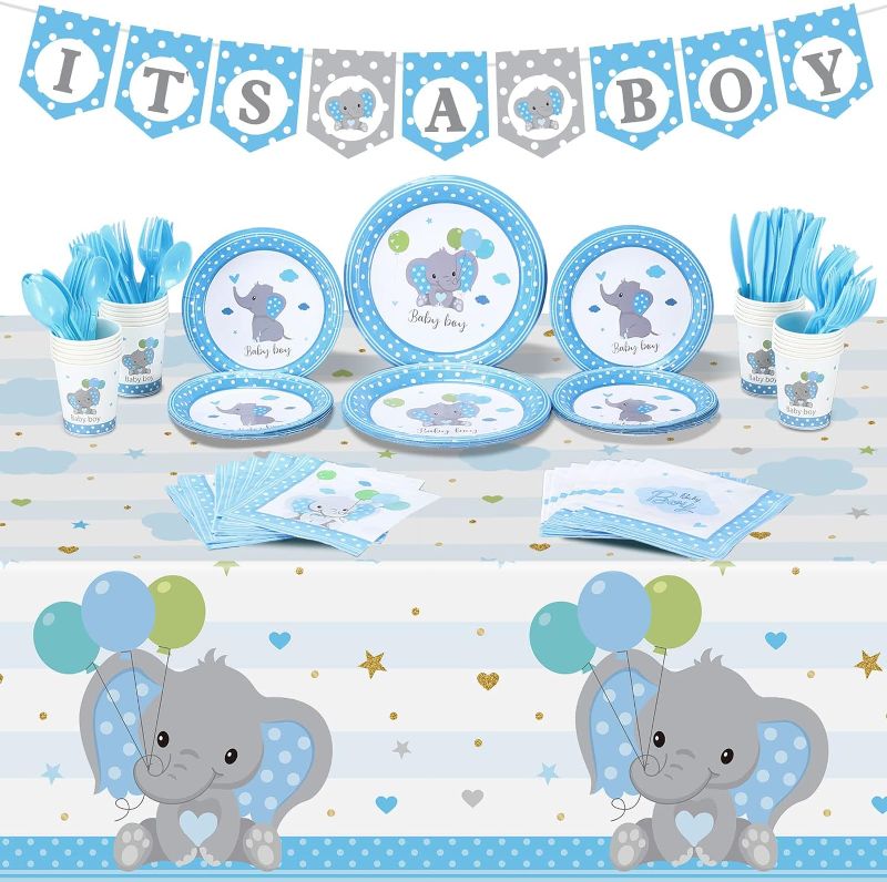 Photo 1 of Elephant Theme Baby Shower Decorations for Boys It's a Boy Banners Blue Plate Napkins Cups Disposable Forks Tableware Tablecloth Elephant Decorations Set for Girl Birthday Party