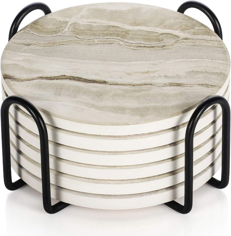 Photo 1 of LIFVER Drink Coasters with Holder, Absorbent Coaster Sets of 6, Marble Style Ceramic Drink Coaster for Tabletop Protection,Suitable for Kinds of Cups, Wooden Table, Cool Home Decor, 4 Inches