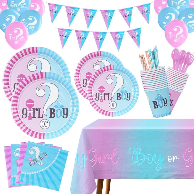 Photo 1 of Baby Gender Reveal Party Supplies and Decoration Set, Boy or Girl Disposable Paper Plates, Napkins, Cups, Straws, Cutlery, Banner, Balloons Tablecloth for Baby Shower Decorations, Serve 24