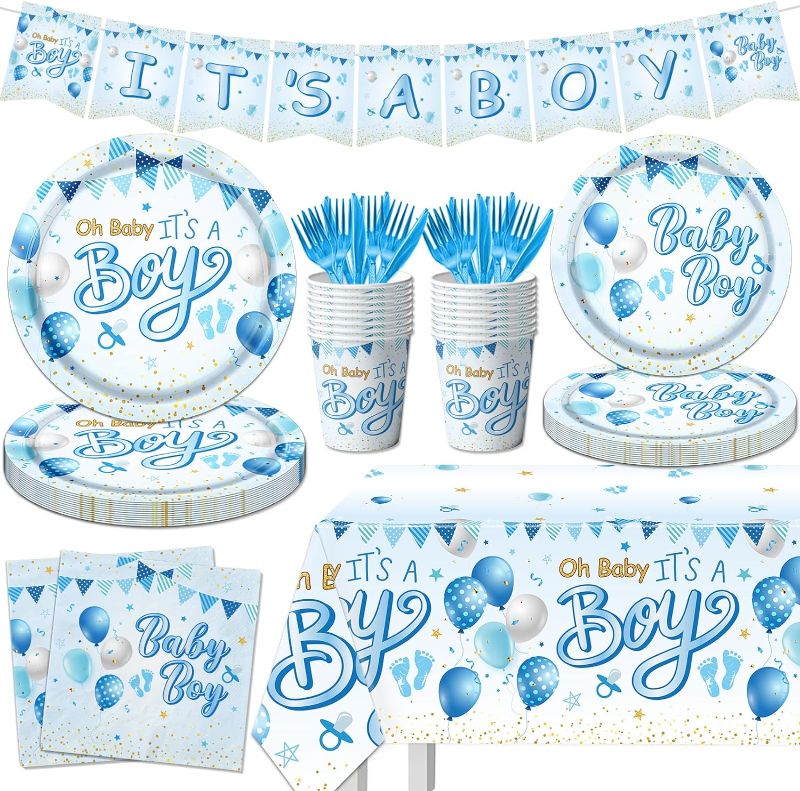 Photo 1 of Blue Baby Shower Decorations for Boy, It's a Boy Baby Shower Party Supplies with Baby Boy Plates Napkins Cups Banner Tablecloth for Baby Boy Gender Reveal Baby Shower Party Decor