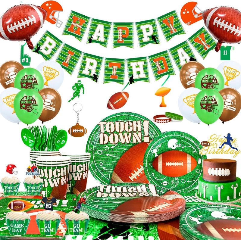 Photo 1 of Football Party Decorations Supplies, Football Birthday Party Decorations&Tableware Set-Football Plates and Napkins Cups Tablecloth Balloons Banner ect Football Party Supplies for Boys Kids