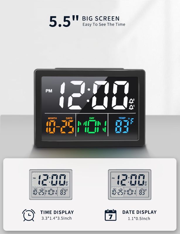 Photo 1 of Digital Alarm Clock, with 5.5" Large LED Time Display, Adjustable Alarm Volume, 6 Level Brightness, Alarm Settings, USB Charger, Temperature Detect, Snooze, Clocks for Bedroom, Bedside, Desk, Black