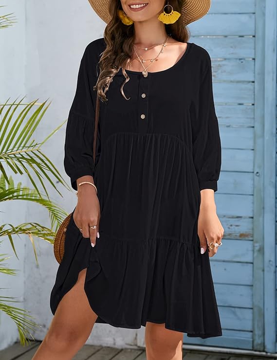 Photo 1 of  Size L - Eddoyee Women's Bathing Suit Coverups Flowy Hem 3/4 Sleeve Beach Cover Up Casual Loose Button Down Dress