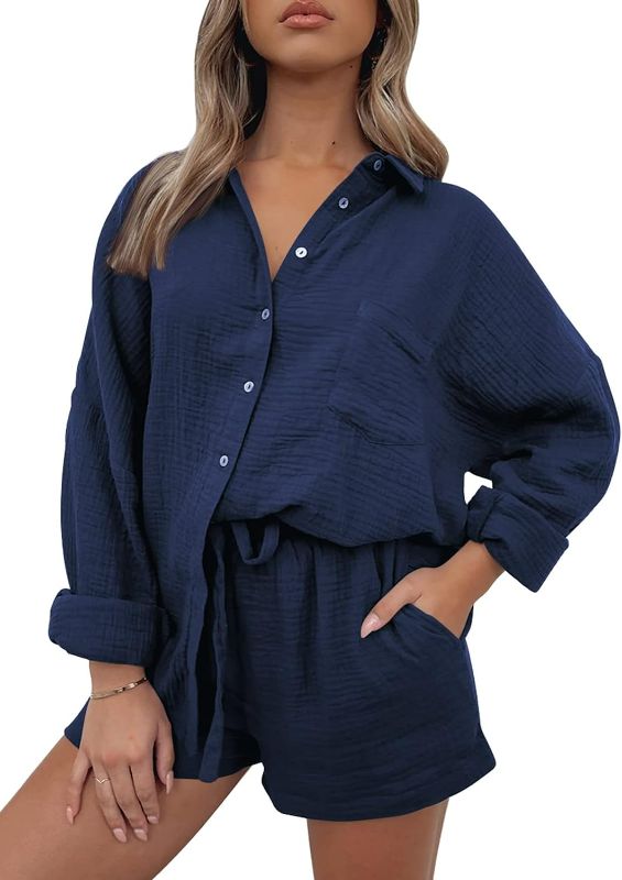 Photo 1 of Size L -  AUTOMET 2 Piece Outfits For Women Lounge Sets Pajama Sets Long Sleeve Button Down Oversized Shirts And Shorts Fall Tracksuit