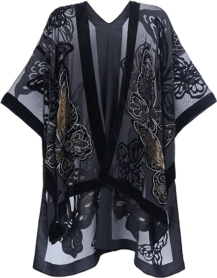 Photo 1 of One Size Fits All - Women's Burnout Velvet Kimono Long Cardigan Cover Up Without Tassel