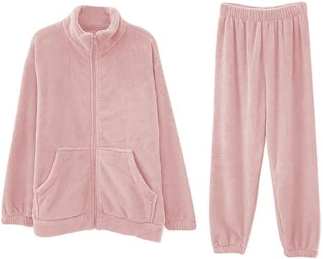 Photo 1 of Size M - Light Pink Winter Warm Fleece Pajamas Set Women's Soft Comfy Fuzzy Fluffy Flannel Drawstring Hooded Zipper Top Sleep Pants Pyjamas