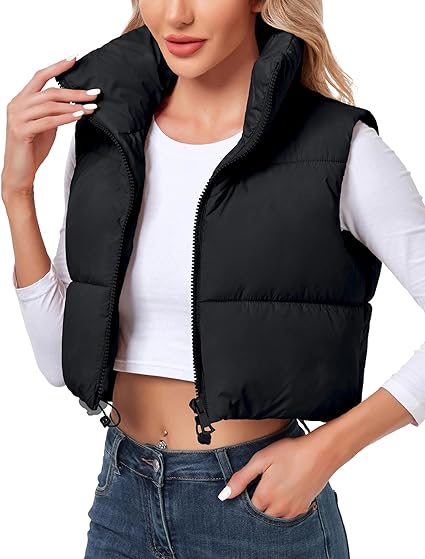 Photo 1 of Size L - Polu Women's Cropped Puffer Vest Jacket Sleeveless Winter High Stand Collar Lightweight Vest for Women with Zip Gilet
