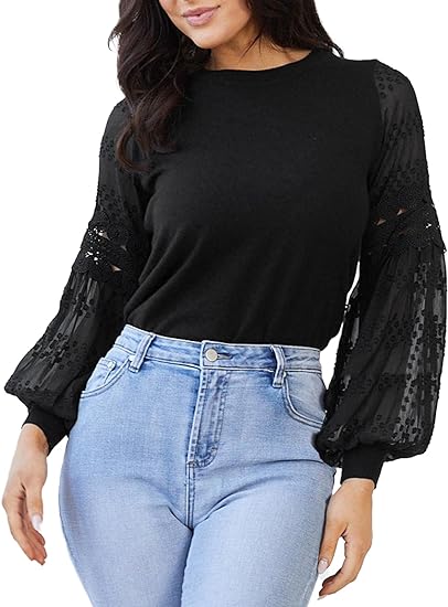 Photo 1 of Size 8 - Women's Trendy Blouses Casual Knit Crop Tops Hollow Out Lace Long Sleeve Cute Fashion Shirts