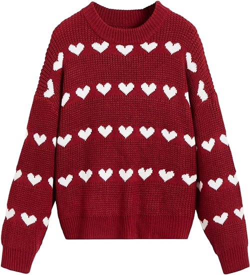 Photo 1 of Size Kids L - Verdusa Kids Heart Print Long Sleeve Round Neck Sweater Drop Shoulder Knit Pullovers