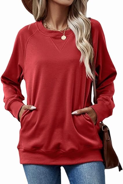 Photo 1 of Size S - Women's Casual Round Neck Long Sleeve Pullover Loose Sweatshirt Solid Color Tops with Pocket
