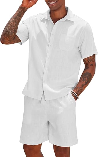 Photo 1 of Top Size L, Bottom XL - COOFANDY Men 2 Piece Linen Set Casual Short Sleeve Shirt and Short Beach Set