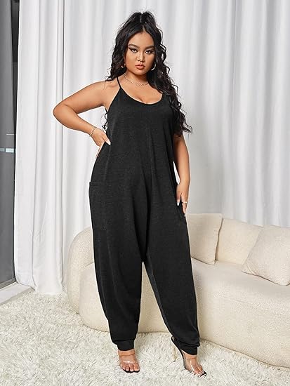 Photo 1 of Size L - OYOANGLE Women's Plus Size Causal Sleeveless Harem Leg Suspender Cami Jumpsuit with Pockets