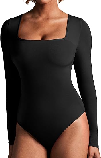 Photo 1 of Size M - IUGA Long Sleeve Bodysuits for Women Square Neck Bodysuit Shapewear Bodysuit Tummy Control Slimming BodySuit for Women
