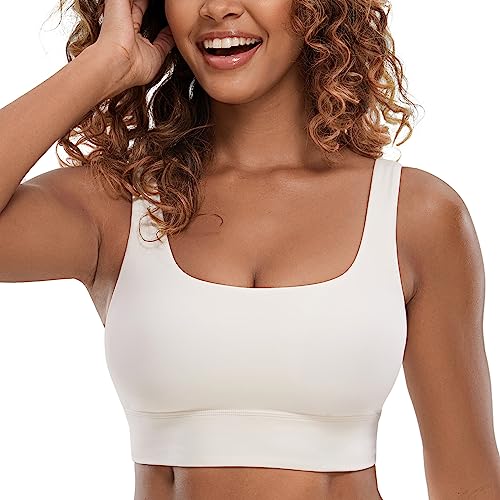 Photo 1 of Size S - CRZ YOGA Butterluxe Womens U Back Sports Bra - Scoop Neck Padded Low Impact Yoga Bra Workout Crop Top with Built in Bra White Apricot 
