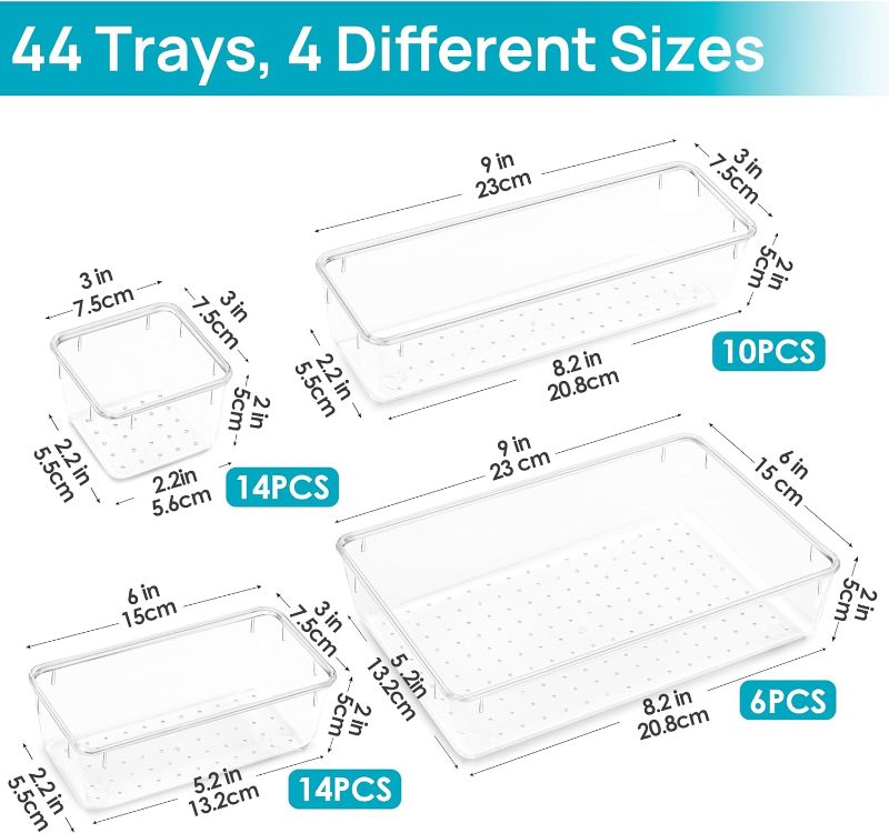 Photo 2 of (Missing Some Pieces) Vtopmart Clear Plastic Drawer Organizers Set, 4-Size Versatile Bathroom and Vanity Organizer Trays, Non-Slip Storage Containers for Makeup, Jewelries, Bedroom Kitchen Utensils and Office