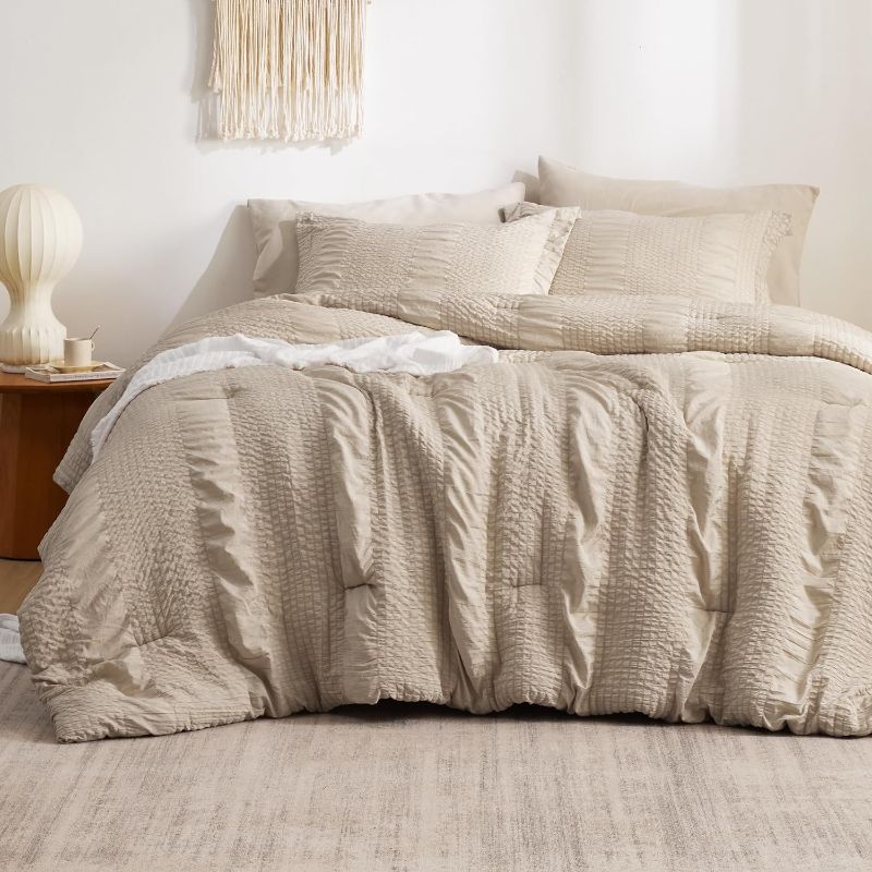 Photo 1 of Full Size Bed - Bedsure Full Size Comforter Sets - Bed in a Bag Full Size 7 Pieces Striped Seersucker Bedding Set, Soft Lightweight Down Alternative Comforter, Full Bed Set (Linen Beige Striped, Full)