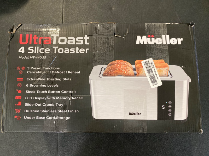 Photo 2 of Mueller UltraToast Full Stainless Steel Toaster 4 Slice, Long Extra-Wide Slots with Removable Tray, Cancel/Defrost/Reheat Functions, 6 Browning Levels with LED Display