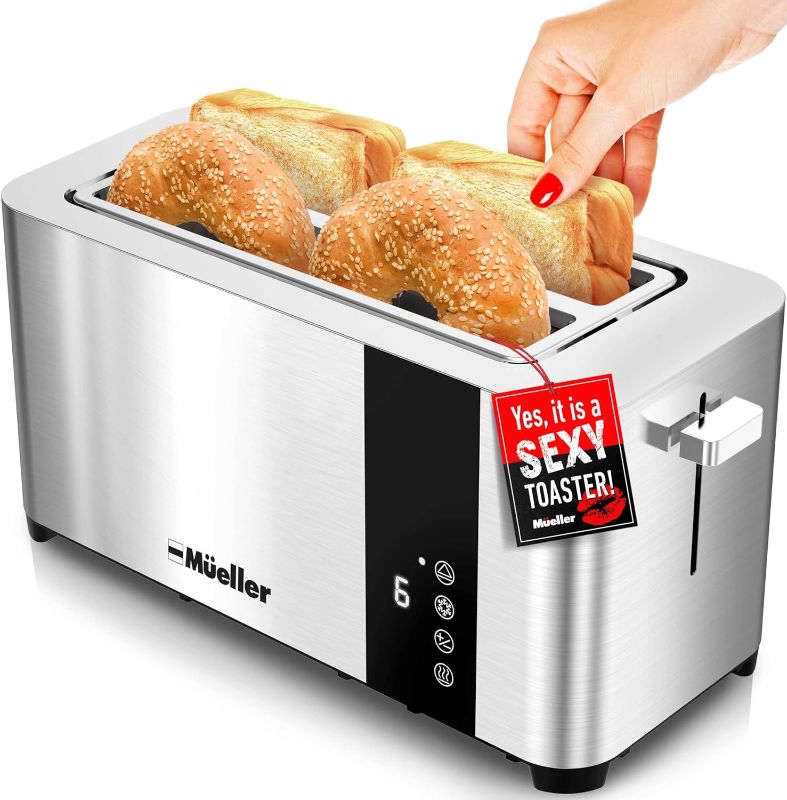 Photo 1 of Mueller UltraToast Full Stainless Steel Toaster 4 Slice, Long Extra-Wide Slots with Removable Tray, Cancel/Defrost/Reheat Functions, 6 Browning Levels with LED Display