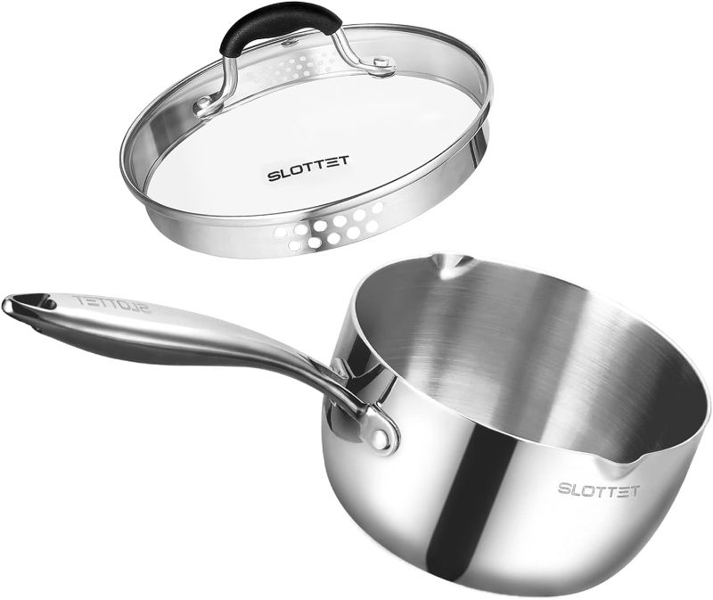 Photo 1 of Tri-Ply Whole-Clad Stainless Steel Sauce Pan with Pour Spout,2.5 Quart Small Multipurpose Pasta Pot with Strainer Glass Lid, Saucepan for Cooking with Stay-cool Handle.