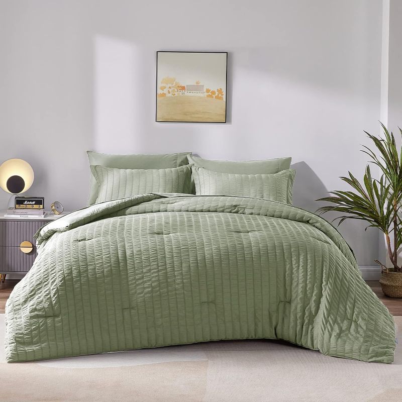 Photo 1 of King Seersucker Comforter Set with Sheets Sage Green Bed in a Bag 7-Pieces All Season Bedding Sets with Comforter, Pillow Sham, Flat Sheet, Fitted Sheet, Pillowcase