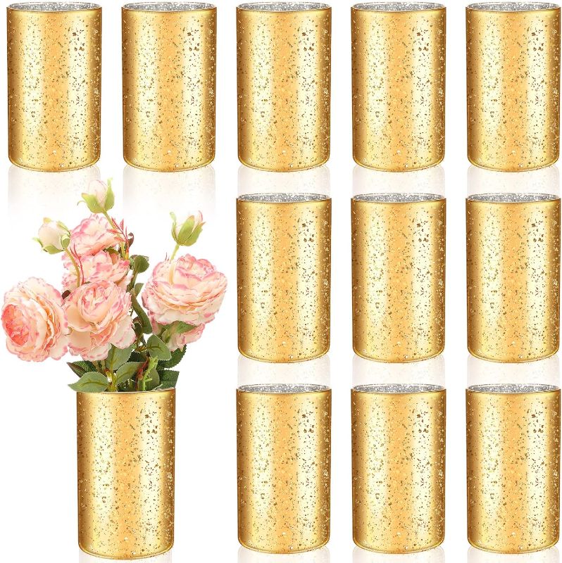 Photo 1 of Sunnyray 12 Pieces Bling Glass Vase for Flower Wedding Table Centerpieces Speckled Gold Vases Flowers Vase Votive Candle Holders for Wedding Centerpieces Party Supply Holiday Day (6 x 3.5 Inch)