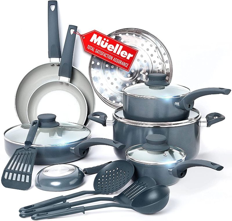 Photo 1 of Mueller 16-Piece Nonstick Stone Cookware Set - PFOS/PFOA-Free, Stainless Steamer and Fry Pan, Vented Lids - Light Grey