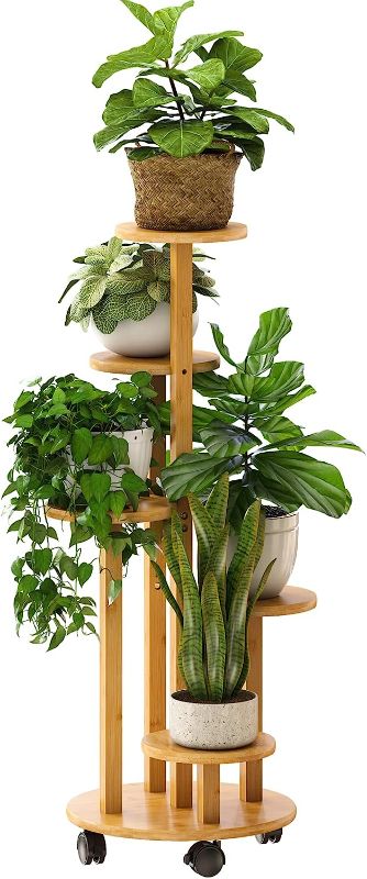 Photo 1 of (Color Natural) Bamboo Corner Plant Stand with Wheels, 5 Tiered for Indoor Plants Multiple, Window Garden Balcony Living Room