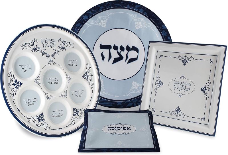 Photo 1 of Last Minute Full Passover Seder Set Renaissance Collection Pesach Set, Includes Ceramic Seder Plate, Square Matzo Plate Round Matzah Cover Afikoman Bag - Elegant Passover Decorations by Zion Judaica