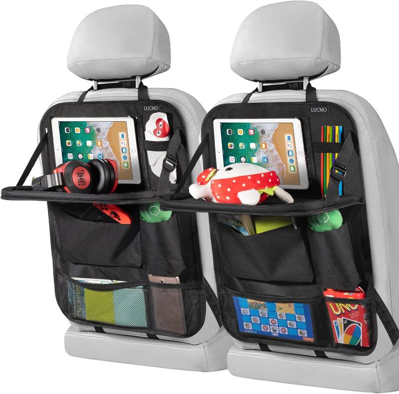 Photo 1 of LUCMO Car Backseat Organizer with Tablet Holder-2 Pack,6 Storage Pockets Car Storage Organizer with Foldable Food Tray,Car Seat Back Protectors Kick Mats Travel Accessories-Black