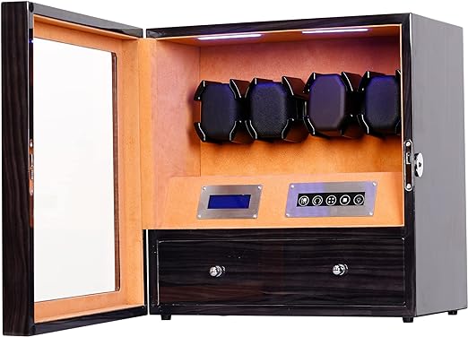 Photo 1 of TRIPLE TREE Automatic Watch Winder 4, Watch Winder Box with Storage Drawer, Blue Illumination and Super Quiet Japanese Motors, Watch Winder for Lady and Man Watches with Flexible Pillow, Blackwood