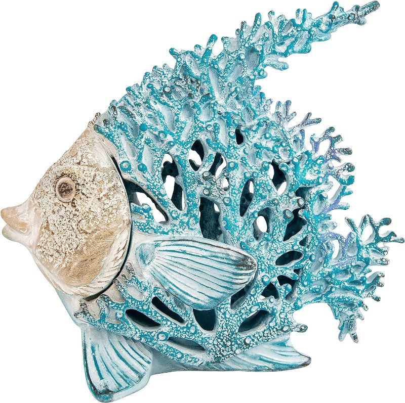 Photo 1 of Ocean Decor Coral Reef Angelfish Sculpture Beach Home Decor Coastal Tabletop Collection 12 in x 11 in (Turquoise)