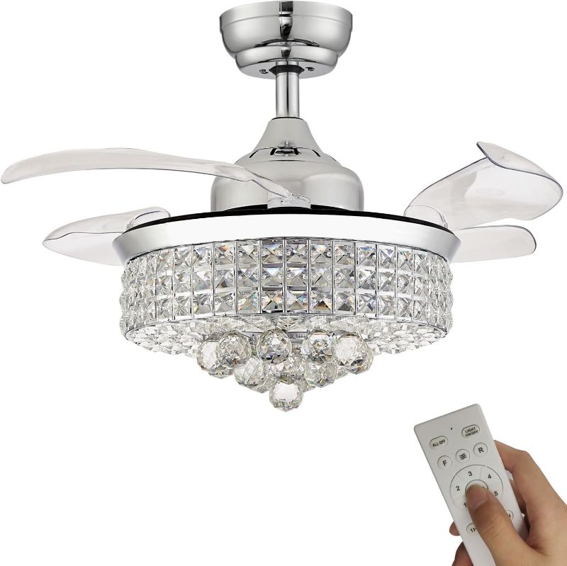 Photo 1 of 48" Crystal Ceiling Fan with Lights, Fandelier, Retractable Invisible Modern Ceiling Fan Chandelier with Remote Control for Bedroom Living Room Polished Modern Chrome Silver 6 Speed 3 Colors…