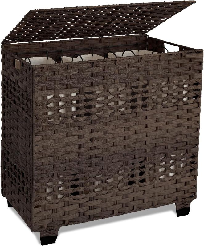 Photo 1 of OIAHOMY Laundry Hamper with Lid, 135L Clothes Hamper with 3 Removable Liner Bags, Foldable Hamper with Lid, Synthetic Wicker Laundry Hamper for Bedroom, 27x 13 x 26 Inches, Brown