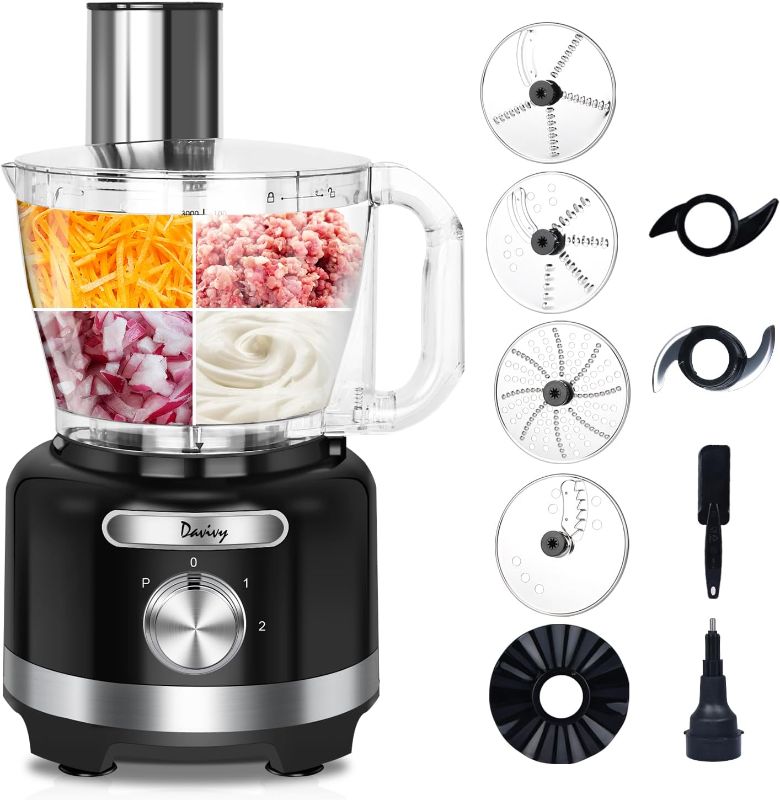 Photo 1 of Davivy 16 Cup Food Processor,9-in-1 Multifunction 3.8L Vegetables Chopper Cheese Grating,Chopping,Emulsifying, Shredding, Slicing, Doughing for Home Use,Black,600W (16-Cup Processor Bowl)