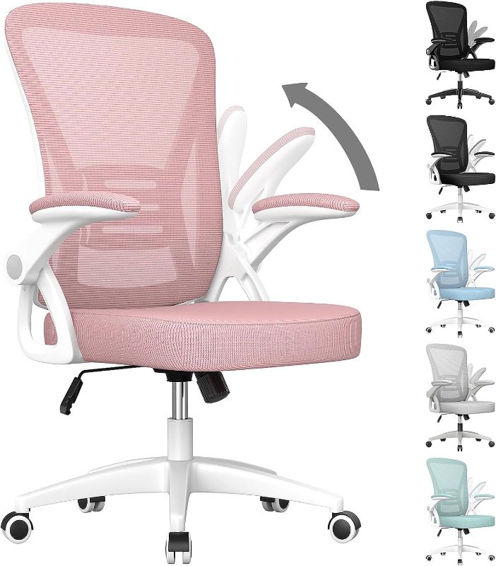 Photo 1 of naspaluro Ergonomic Office Chair, Mid Back Desk Chair with Adjustable Height, Swivel Chair with Flip-Up Arms and Lumbar Support, Breathable Mesh Computer Chair for Home/Study/Working, Pink