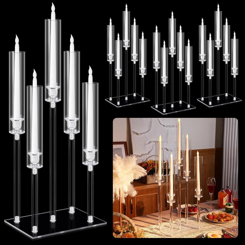 Photo 1 of Hushee 4 Set 5 Arms Acrylic Candelabras Centerpieces with 20 Pcs LED Candles Clear Candle Holder Crystal Taper Candlestick with Rectangular Base for Dinner Party Table Fireplace Christmas Decoration