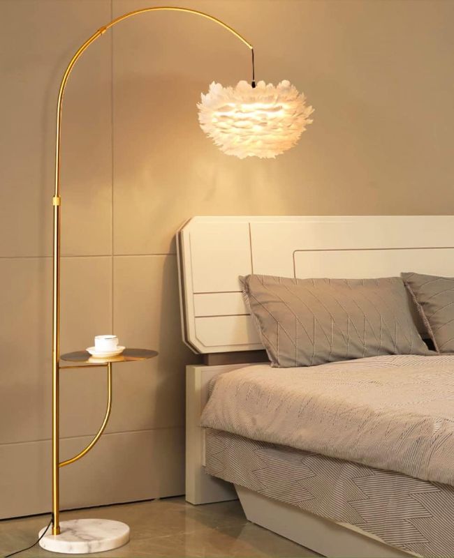 Photo 1 of White Feather Floor Lamp with Table,Great Floor Light Height Adjustable (Gold)