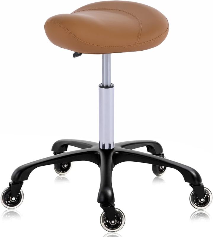 Photo 1 of Hydraulic Saddle Stool with Wheels Height Adjustable Stylish Ergonomic Rolling Swivel Chair for Hygienic Clinic Salon Tatoo Massage Office, in Camel