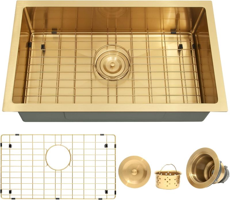 Photo 1 of Gold RV Kitchen Sink, RV Camper Kitchen Sink, Small Single Bowl RV Sinks for a Camper Kitchen, 25×15 inch Undermount RV Sink with Gold Basket Strainer