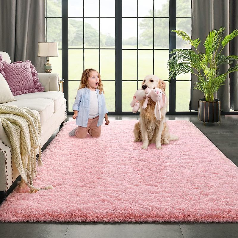 Photo 1 of Kimicole Baby Pink Area Rug for Bedroom Living Room Carpet Home Decor, Upgraded 4x5.9 Cute Fluffy Rug for Apartment Dorm Room Essentials for Teen Girls Kids, Shag Nursery Rugs for Room Decorations