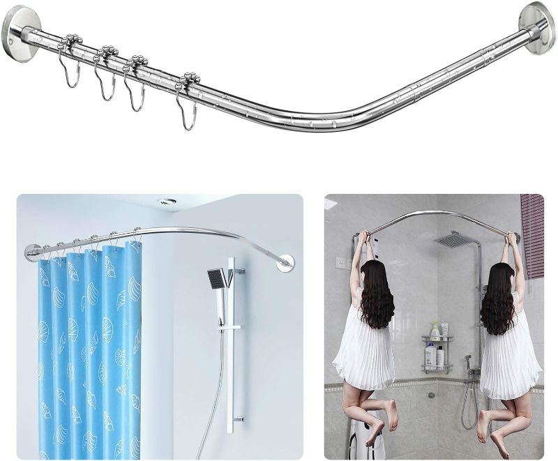 Photo 1 of Stretchable 304 Stainless L Shaped Bathroom Bathtub Corner Shower Curtain Rod Rack