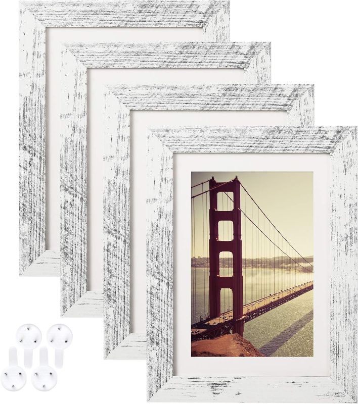 Photo 1 of BAIJIALI 5x7 Picture Frame Distressed White Wood Pattern Set of 4 with Tempered Glass,Display Pictures 4x6 with Mat or 5x7 Without Mat, Horizontal and Vertical Formats for Wall and Table Mounting