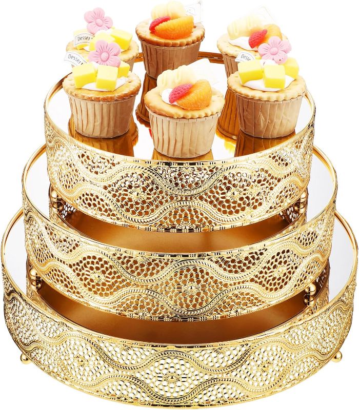 Photo 1 of Set of 3 Round Wedding Cake Stand 10'' 12'' 14'' Metal Dessert Display Stand with Glossy Mirror Dessert Cupcake Cookies Holder for Wedding, Event, Birthday Party(Gold)