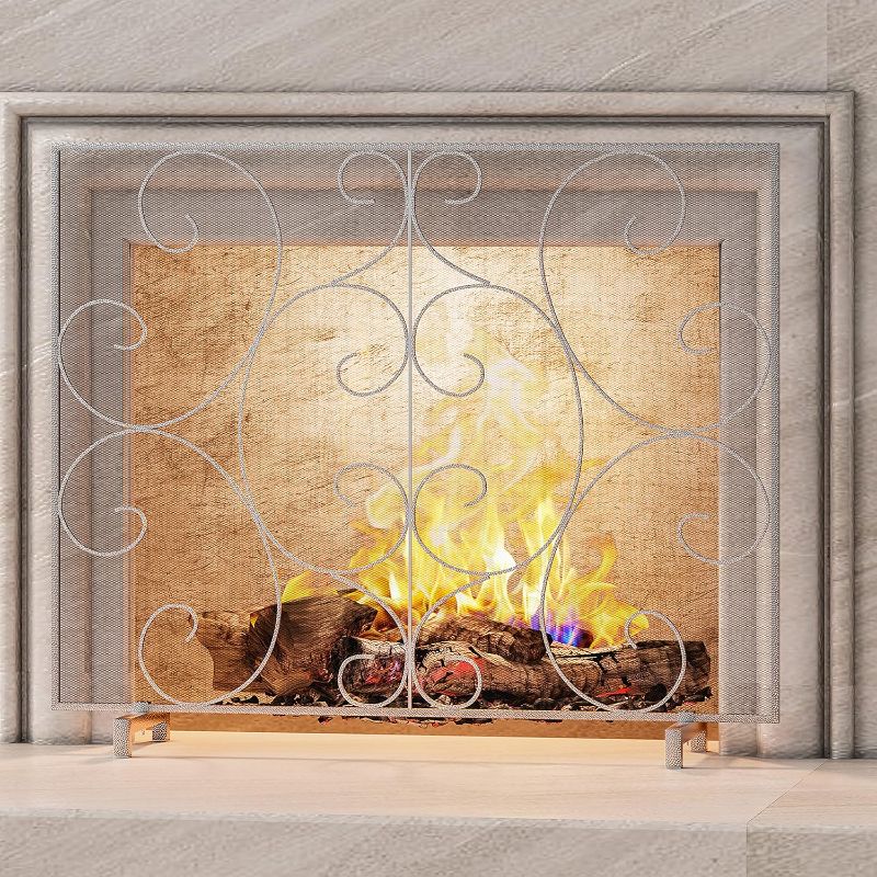 Photo 1 of Kingson Single Panel Decorative Fireplace Screen Stand Alone Cover Handcrafted Durable Metal Mesh, Heat-Resistant Free Standing Fire Spark Guard Mesh 37.8" L x 8.8" W x 30.7" H Pewter
