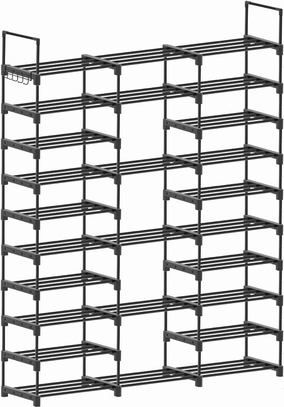 Photo 1 of Shoe Rack, 10 Tier Metal Shoe Organizer, DIY Tall Shoe Storage Shelf for 52 Pairs of Shoes and Boots, Space-Saving, Easy to Assemble, Entryway, Black SRT310B01