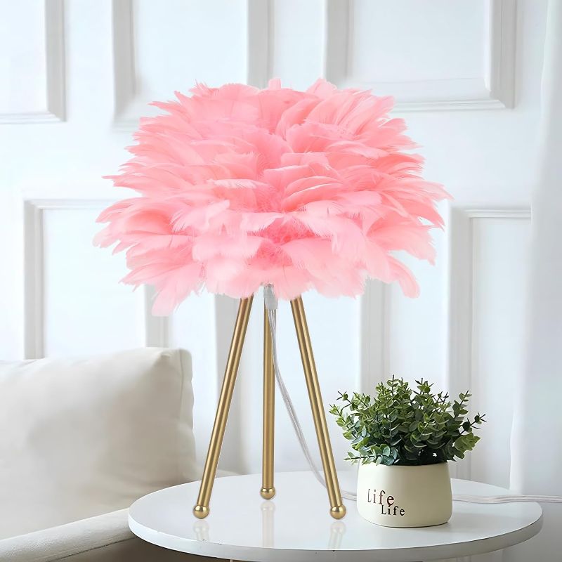Photo 1 of Capslpad Feather Tripod Table Lamp,Pink Modern Bedside Lamp 15.3" Gold Finish Nightstand Lamp for Bedrooms Living Room Kids Room Nursery Room Girls Room Decor