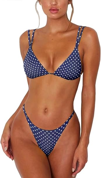 Photo 1 of Medium Women's Sexy Thong Bottom Two Piece Bikini Double Shoulder Straps Cute Swimsuit Triangle Bathing